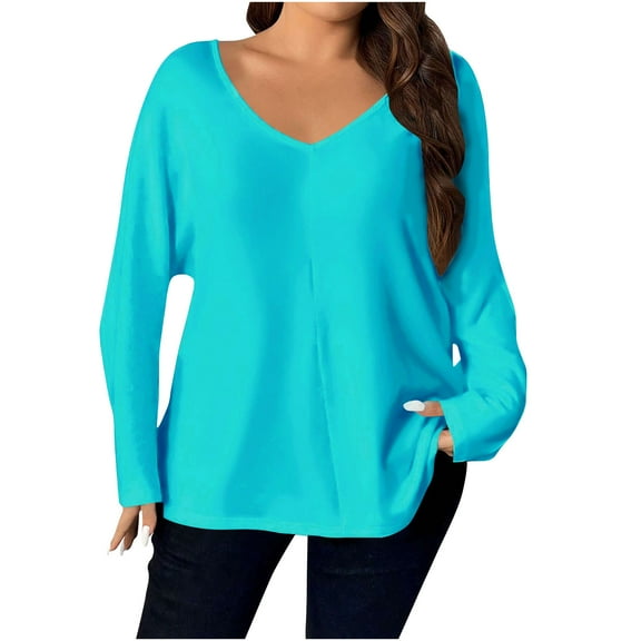 Fesfesfes Women's Fall Tops Casual Solid Color V-neck Loose Drop-Shoulder Cuffs T-shirt Stretchy Material for Daily Leisure Home Wearing(Sky Blue,2XL)