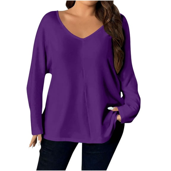 Fesfesfes Women's Fall Tops Casual Solid Color V-neck Loose Drop-Shoulder Cuffs T-shirt Stretchy Material for Daily Leisure Home Wearing(Purple,3XL)
