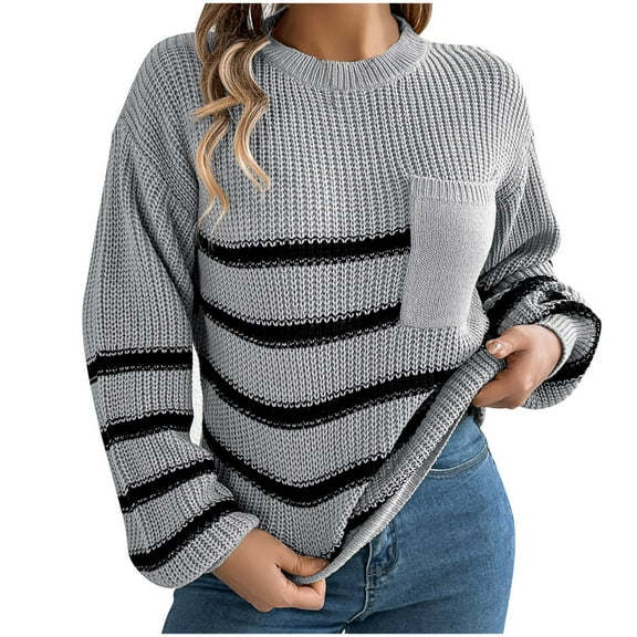 Fesfesfes Women's Fall Winter Blouses Comfy Knitted Striped Long Sleeve Crew Neck Pullover Tops Fashion Loose Contrast Color Sweater(Gray#5,M)