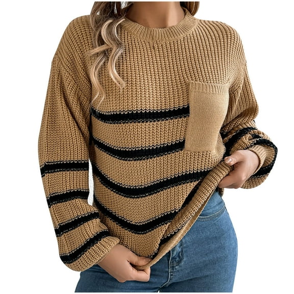 Fesfesfes Women's Fall Winter Blouses Comfy Knitted Striped Long Sleeve Crew Neck Pullover Tops Fashion Loose Contrast Color Sweater(Khaki#5,M)