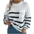 thumbnail image 1 of Fesfesfes Women's Fall Winter Blouses Comfy Knitted Striped Long Sleeve Crew Neck Pullover Tops Fashion Loose Contrast Color Sweater(White#5,S), 1 of 7