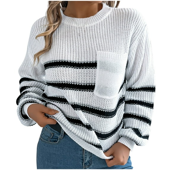 Fesfesfes Women's Fall Winter Blouses Comfy Knitted Striped Long Sleeve Crew Neck Pullover Tops Fashion Loose Contrast Color Sweater(White#5,S)