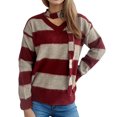 thumbnail image 1 of Fesfesfes Women's Fall Winter Blouses Comfy Knitted Striped Long Sleeve Crew Neck Pullover Tops Fashion Loose Contrast Color Sweater(Wine,S), 1 of 3