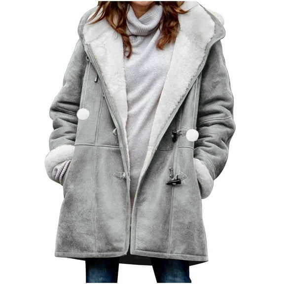 Fesfesfes Women's Fall Winter Coat Notched Collar Long Sleeve with Buttons Closure Large Patch Pockets Insulated Fabric for Cold Weather(Gray#3,M)