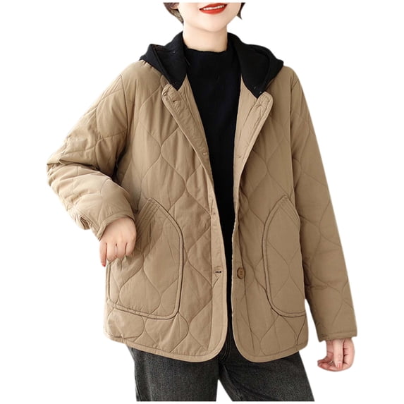 Fesfesfes Women's Fall Winter Coat Notched Collar Long Sleeve with Buttons Closure Large Patch Pockets Insulated Fabric for Cold Weather(Khaki,L)