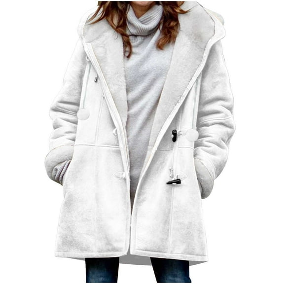 Fesfesfes Women's Fall Winter Coat Notched Collar Long Sleeve with Buttons Closure Large Patch Pockets Insulated Fabric for Cold Weather(White#3,M)