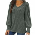 thumbnail image 1 of Fesfesfes Women's Fall Winter Sweater Loose Solid Color V-Neck Long Lantern Sleeved Blouses Trendy Outdoor Indoor Wearing Clothes(Army Green,L), 1 of 5