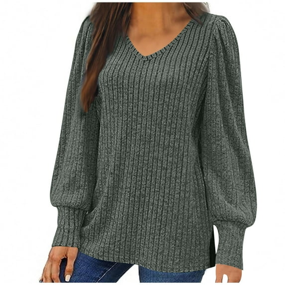Fesfesfes Women's Fall Winter Sweater Loose Solid Color V-Neck Long Lantern Sleeved Blouses Trendy Outdoor Indoor Wearing Clothes(Army Green,M)