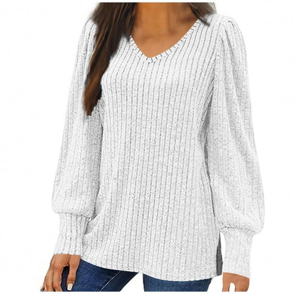 Fesfesfes Women's Fall Winter Sweater Loose Solid Color V-Neck Long Lantern Sleeved Blouses Trendy Outdoor Indoor Wearing Clothes(White,5XL)