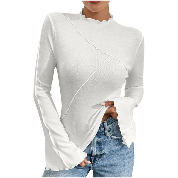 Fesfesfes Women's Fall Winter Tops Long Flared Sleeves with Ruffle Edges Mock Neck Ruffle Blouses Slim Fitting Comfy Homewear Clothes(White,XL)