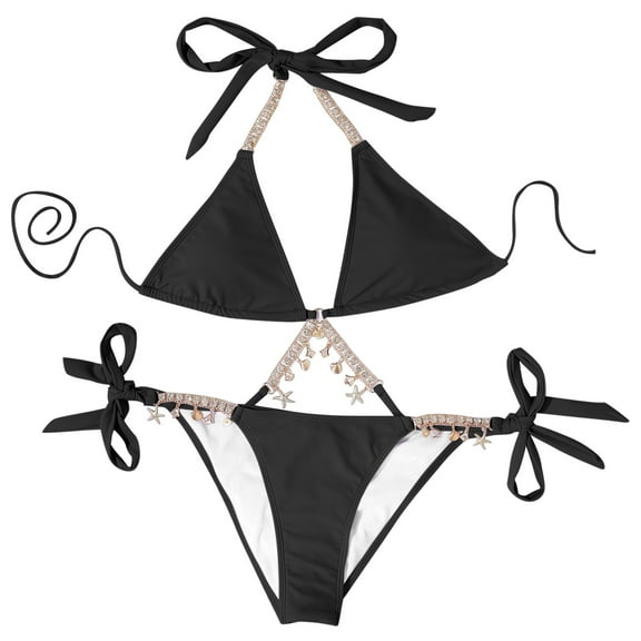 Fesfesfes Women's Fashion Bikini Set Swimsuit Two Piece Swimwear Chain Beaded Decor Bathingsuit Solid Color Bikinis Ladies Beach Wear Gifts for Her Under 10$