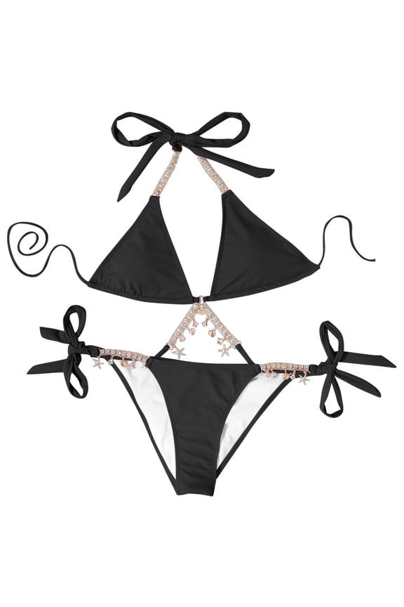 Women's Fashion Bikini Set Swimsuit Two Piece Swimwear Chain Beaded Decor Bathingsuit Solid Color Bikinis Ladies Beach Wear Gifts for Her Under 10$