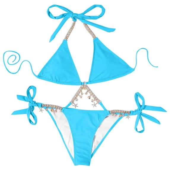 Fesfesfes Women's Fashion Bikini Set Swimsuit Two Piece Swimwear Chain Beaded Decor Bathingsuit Solid Color Bikinis Ladies Beach Wear Gifts for Her Sale