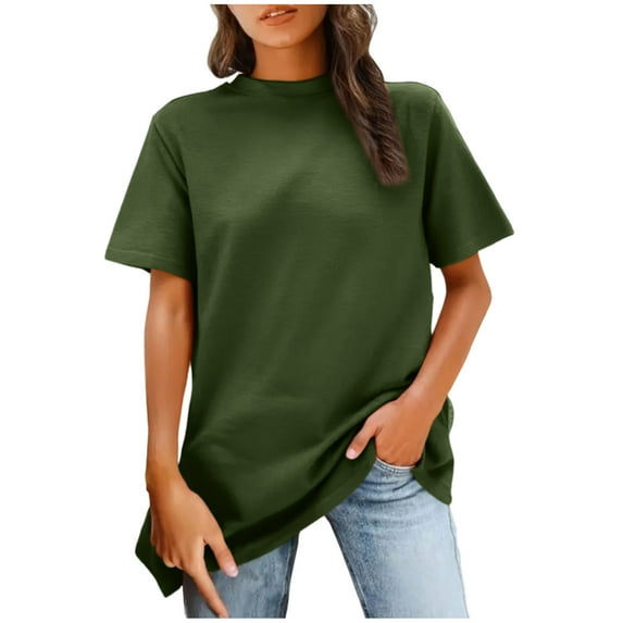 Fesfesfes Women's Fashion Blouses Summer Casual Solid Color Round Neck T-shirt Back Line Short Sleeve Tops Versatile for Daily Wear(Army Green,S)