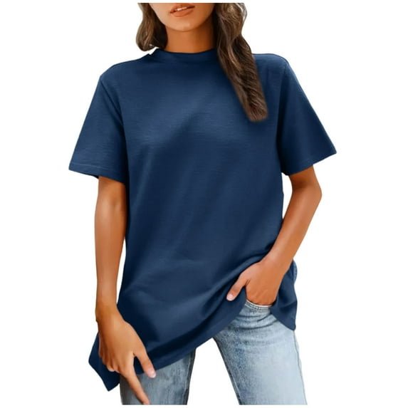 Fesfesfes Women's Fashion Blouses Summer Casual Solid Color Round Neck T-shirt Back Line Short Sleeve Tops Versatile for Daily Wear(Blue,L)