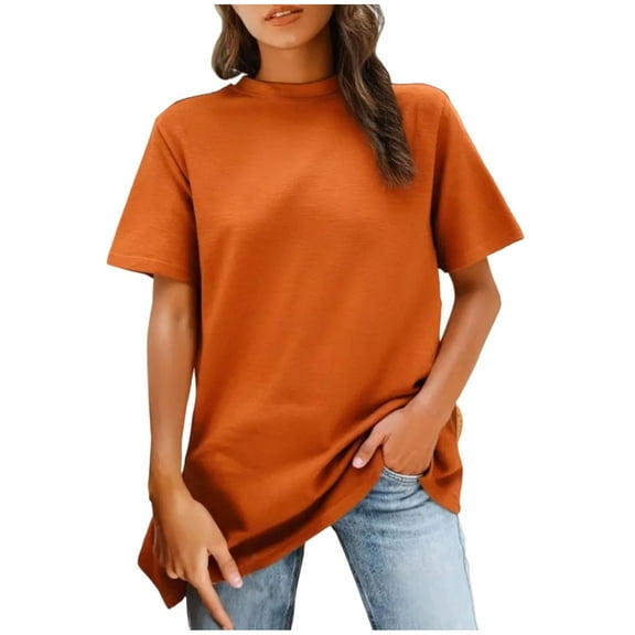 Fesfesfes Women's Fashion Blouses Summer Casual Solid Color Round Neck T-shirt Back Line Short Sleeve Tops Versatile for Daily Wear(Orange,S)