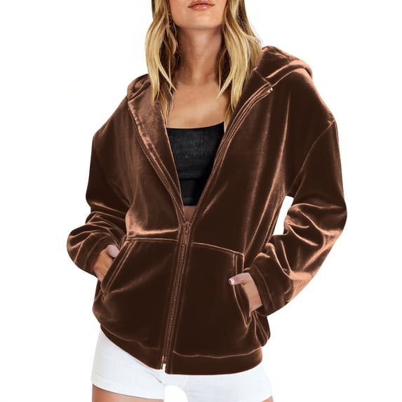 Fesfesfes Women's Fashion Blouses Fall Comfy Vibe Long Sleeve Elasticized Cuffs Hoodie with Zipper Pocket Leisure Velvet Sweatshirts(Brown#1,XL)