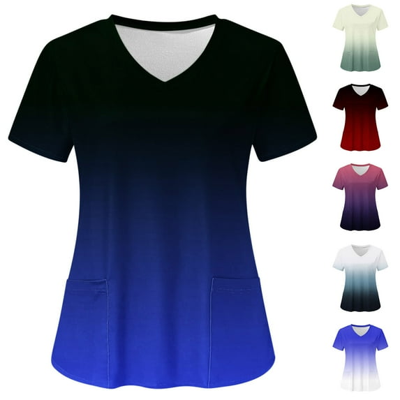 Fesfesfes Women's Fashion Short Sleeve V-Neck Tops Working Nurse Uniform Printing Tops Pocket Blouse Tops Shirts for Women Fitted 12(XXL)