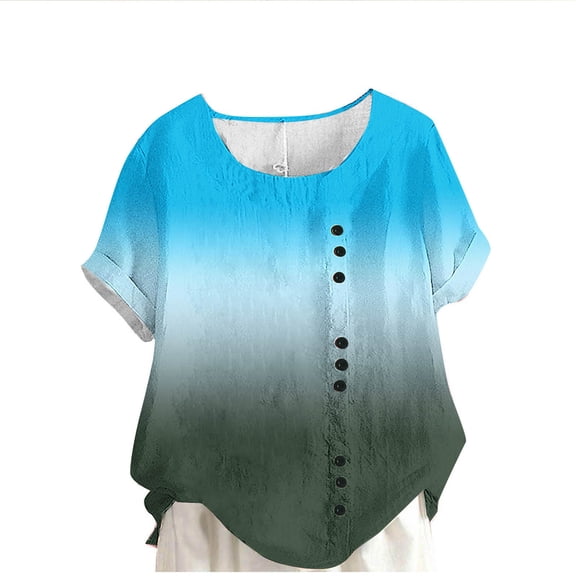 Fesfesfes Women's Fashion T-shirt Breathable Linen Short Cuffed Sleeves Crew Neck Tops Loose Asymmetric Button Placket Blouse Daily Wear(Light Blue,L)