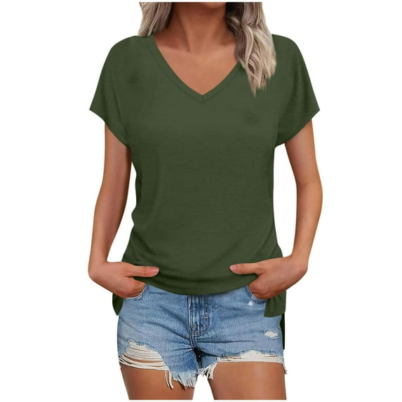 Fesfesfes Women's Fashion T-shirt Solid Color Slit Raglan Sleeve V-Neck Blouses Summmer Pullover Breathable Daily Wearing Tops(Army Green,XL)