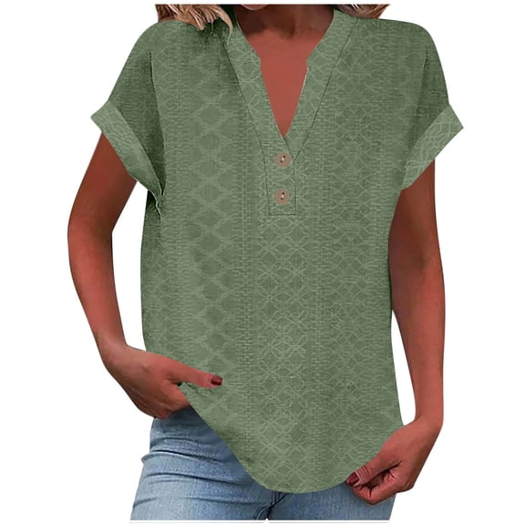 Fesfesfes Women's Fashion T-shirt Solid Color Textured V-Neck Short Rolled Sleeves Tops Summer Casual Outdoor Button-Front Blouses(Green,M)