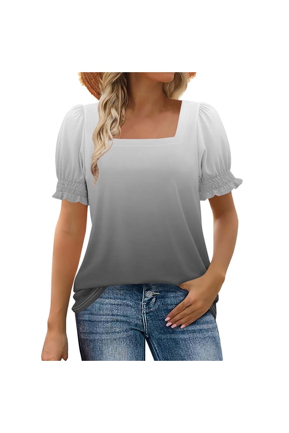 Women's Fashion Tee Casual Square Neck Puff Short Sleeves with Elastic Cuffs Blouse Gradient Color Summer Trendy Outdoor T-shirt (Black,S)
