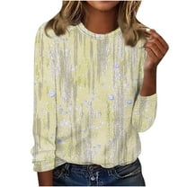 Fesfesfes Women's Fashion Tops Casual Delicate Floral Prints Three-Quarters Sleeve Round Neck T-Shirt Loose Multiple Fresh Colors Blouse(Yellow,M)