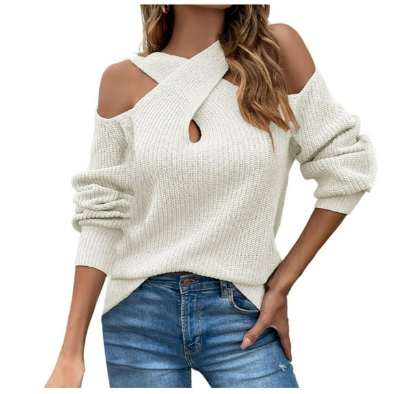 Fesfesfes Women's Fashion Tops Casual Fall Spring Solid Color off Shoulder Short Sleeve Pullover Knit Sweater Comfy Daily Wearing Clothes(Beige#1,L)