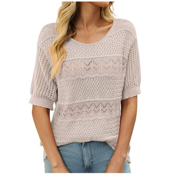 Fesfesfes Women's Fashion Tops Casual Half Sleeve Round Neck Knitted Crochet Sweater 2025 Spring Fall Breathable Hollow-Out Trendy Blouses(Beige,L)