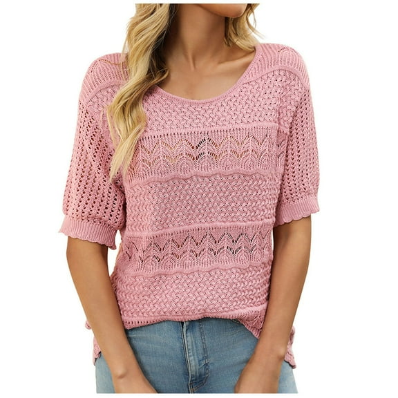 Fesfesfes Women's Fashion Tops Casual Half Sleeve Round Neck Knitted Crochet Sweater Spring Fall Breathable Hollow-Out Trendy Blouses(Pink,S)
