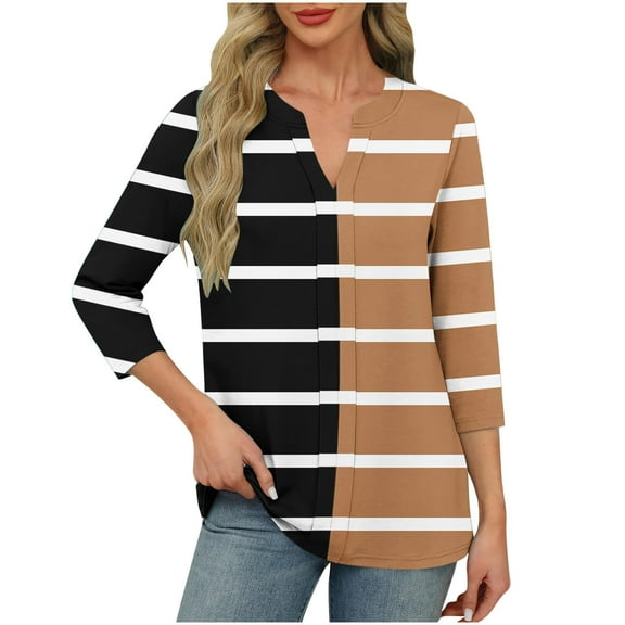 Fesfesfes Women's Fashion Tops Leisure Comfortable Three-Quarter Sleeve V-Neck T-Shirt Suitable for Fall Contrast Color Pullover Blouse(Black#1,S)