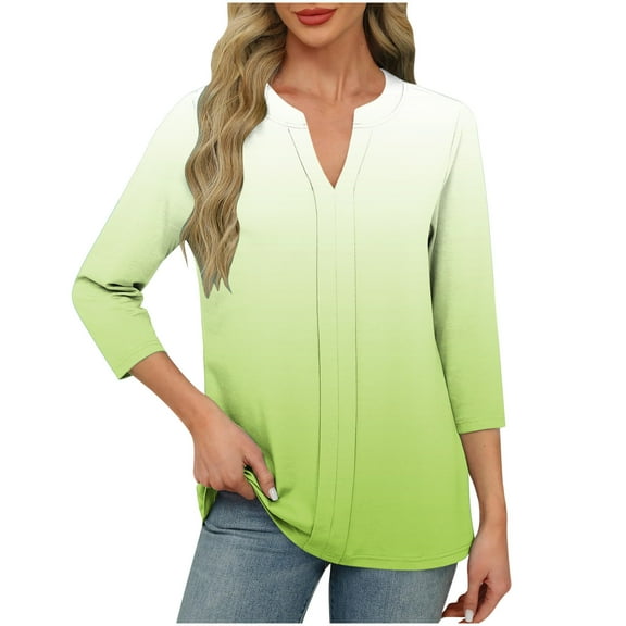Fesfesfes Women's Fashion Tops Leisure Comfortable Three-Quarter Sleeve V-Neck T-Shirt Suitable for Fall Contrast Color Pullover Blouse(Green,2XL)