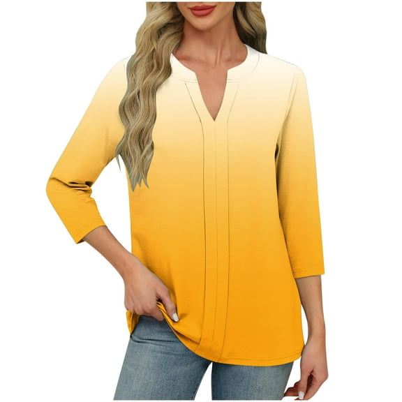 Fesfesfes Women's Fashion Tops Leisure Comfortable Three-Quarter Sleeve V-Neck T-Shirt Suitable for Fall Contrast Color Pullover Blouse(Orange,S)