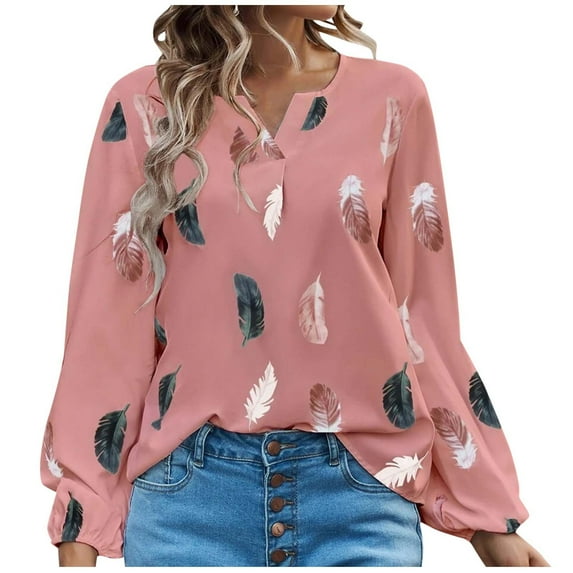 Fesfesfes Women's Fashion Tops Leisure Comfortable Three-Quarter Sleeve V-Neck T-Shirt Suitable for Fall Contrast Color Pullover Blouse(Pink#3,M)