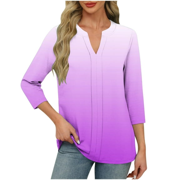 Fesfesfes Women's Fashion Tops Leisure Comfortable Three-Quarter Sleeve V-Neck T-Shirt Suitable for Fall Contrast Color Pullover Blouse(Purple,XL)