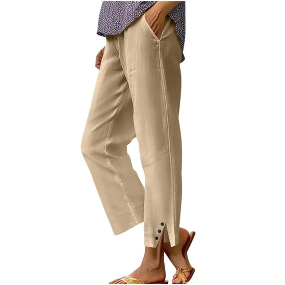 Fesfesfes Women's Fashion Trousers Spring Summer Solid Color Drawstring High Waisted Wide-Leg Straight Pants Beach Vacation Clothes(Khaki#1,XL)