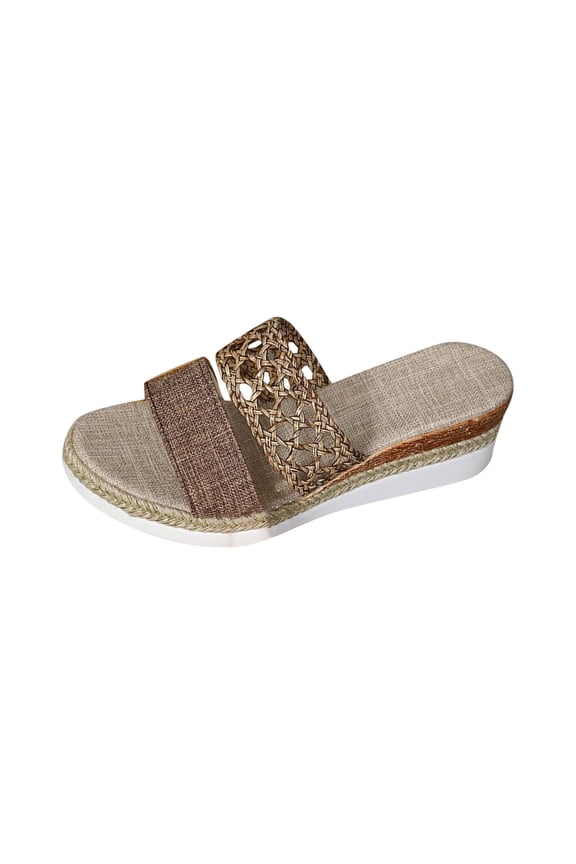 Women's Fish Mouth Open Toe Woven Wedge Heel Slippers Thick Bottom Comfortable Casual Spring Summer Versatile Fashionable Slip-On Sandals(Brown,US 6.5)