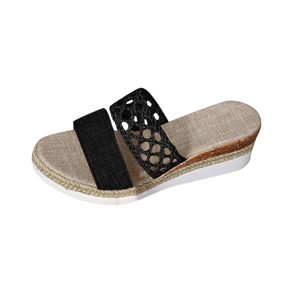 Fesfesfes Women's Fish Mouth Open Toe Woven Wedge Heel Slippers Thick Bottom Comfortable Casual Spring Summer Versatile Fashionable Slip-On Sandals(Black,US 9)