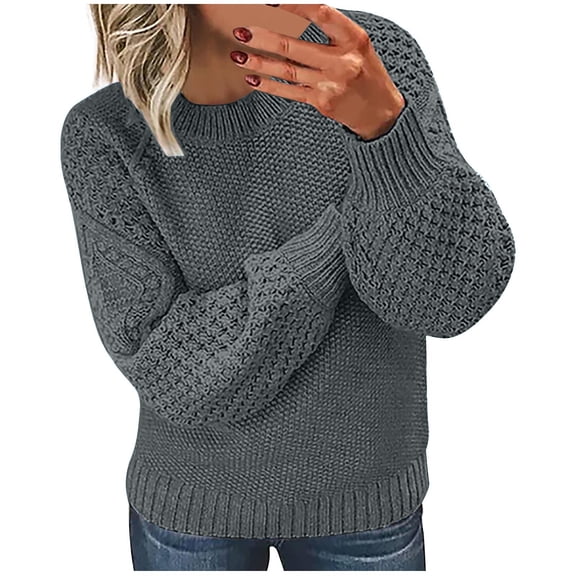 Fesfesfes Women's Fleece Tops Cozy Fall Winter Versatile Solid Color V-Neck Long Sleeve Knitted Blouses Pullover Thickened Warm Sweater (Dark Gray,2XL)