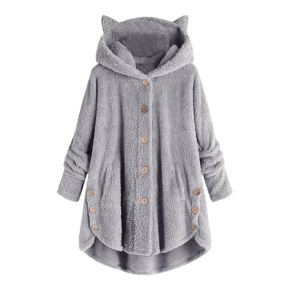 Fesfesfes Women's Fleece Warm Hooded Tops Button Down Cardigan Hoodies Irregular Plush Solid Color Hooded Coat