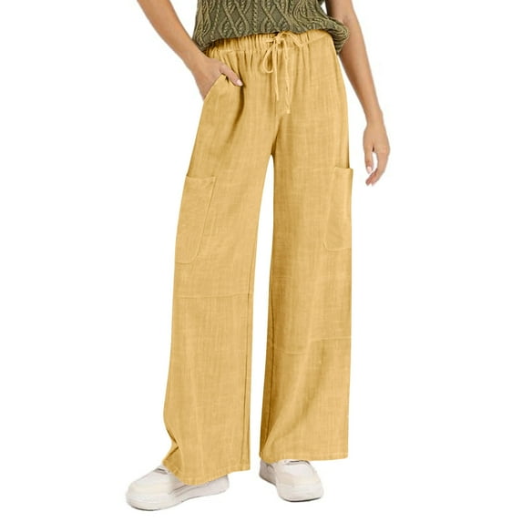 Fesfesfes Women's Flowy Full-Length Trousers Solid Color Lightweight Wide Leg Work Dress Pants with Pockets Casual Indoor Business Pants(Yellow#2,2XL)