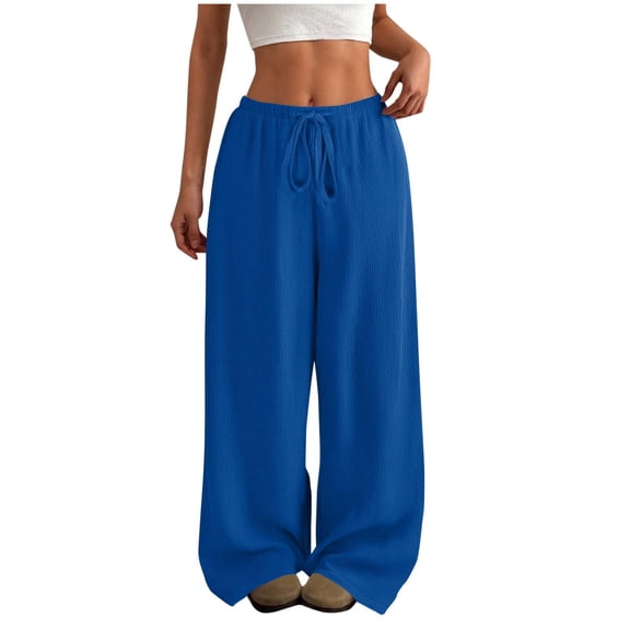 Fesfesfes Women's Flowy Full-Length Trousers Solid Color Lightweight Wide Leg Work Dress Pants with Pockets Casual Indoor Business Pants(Blue#3,XL)