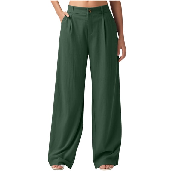 Fesfesfes Women's Flowy Full-Length Trousers Solid Color Lightweight Wide Leg Work Dress Pants with Pockets Casual Indoor Business Pants(Green,XL)