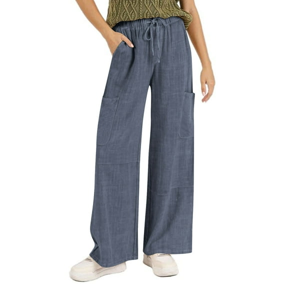Fesfesfes Women's Flowy Full-Length Trousers Solid Color Lightweight Wide Leg Work Dress Pants with Pockets Casual Indoor Business Pants(Navy#2,S)