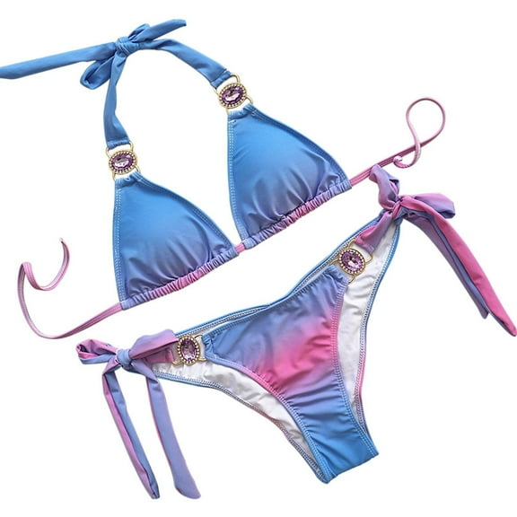 Fesfesfes Women's Gradient Color Bikini Set Swimsuit Two Piece Bikini Sets Halter Neck Swimwear Beachwear Under $10