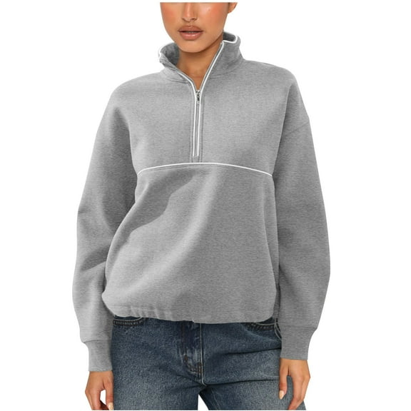 Fesfesfes Women's Half-Zip Mock Neck Sweatshirts Solid Color Ribbed Cuffs Hem Long Sleeve Blouses Fall Winter Office Commutes Tops(Gray,M)