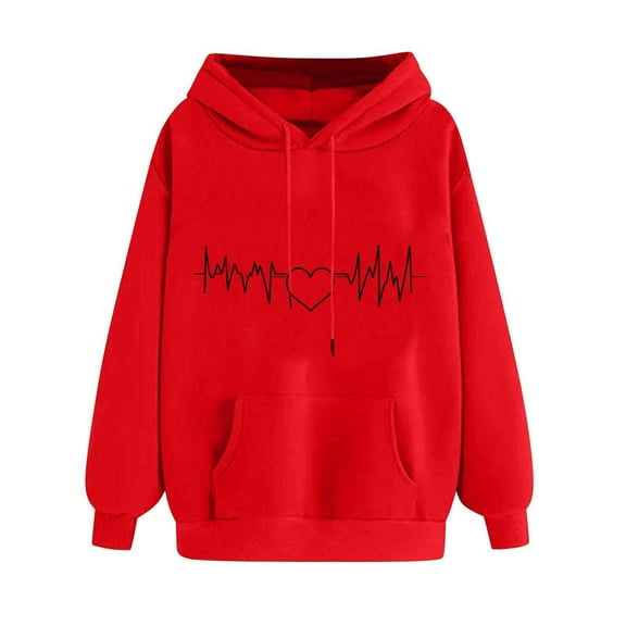 Fesfesfes Women's Heartbeat Graphic Hooded Sweatshirt Adjustable Drawstring Hood Ribbed Cuffs Hem with Kangaroo Pocket Daily Wearing(Red,M)