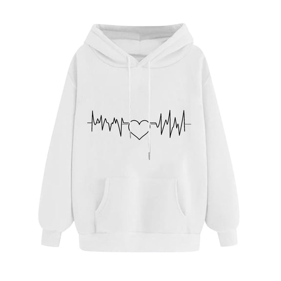 Fesfesfes Women's Heartbeat Graphic Hooded Sweatshirt Adjustable Drawstring Hood Ribbed Cuffs Hem with Kangaroo Pocket Daily Wearing(White,M)