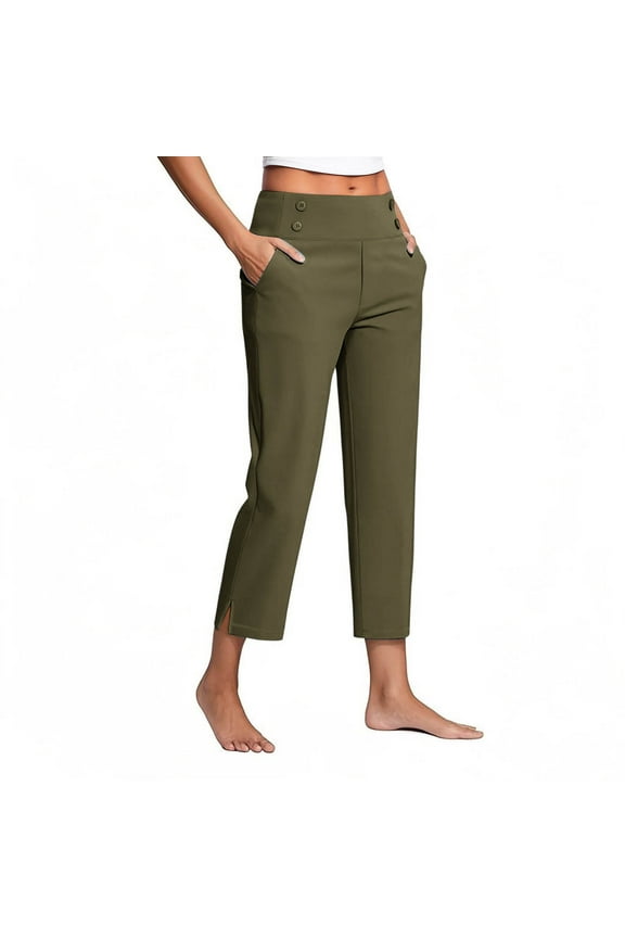 Women's High-Waisted Cropped Pants Slim Side Slits Fitness Pants with Pockets Solid Color Soft Stretch Casual Daily Wearing(Army Green,2XL)