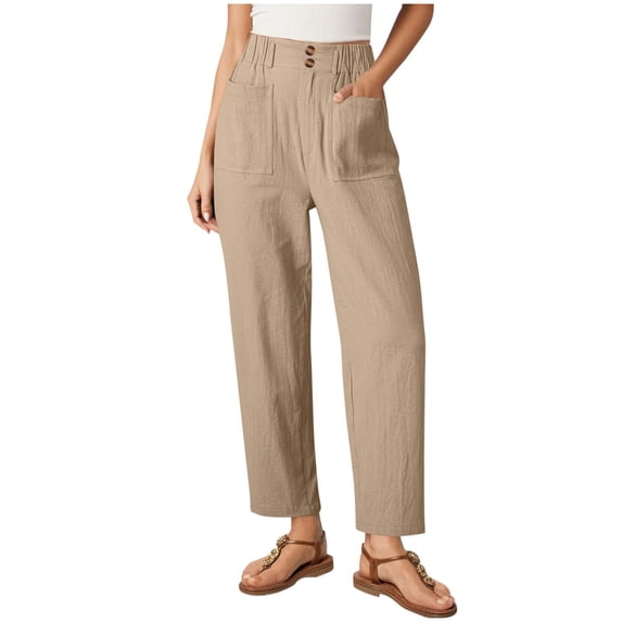 Fesfesfes Women's High-Waisted Tapered Pants Trendy Leisure Solid Color Elastic Waist Trousers with Side Pockets Work Office Clothes(Khaki,M)